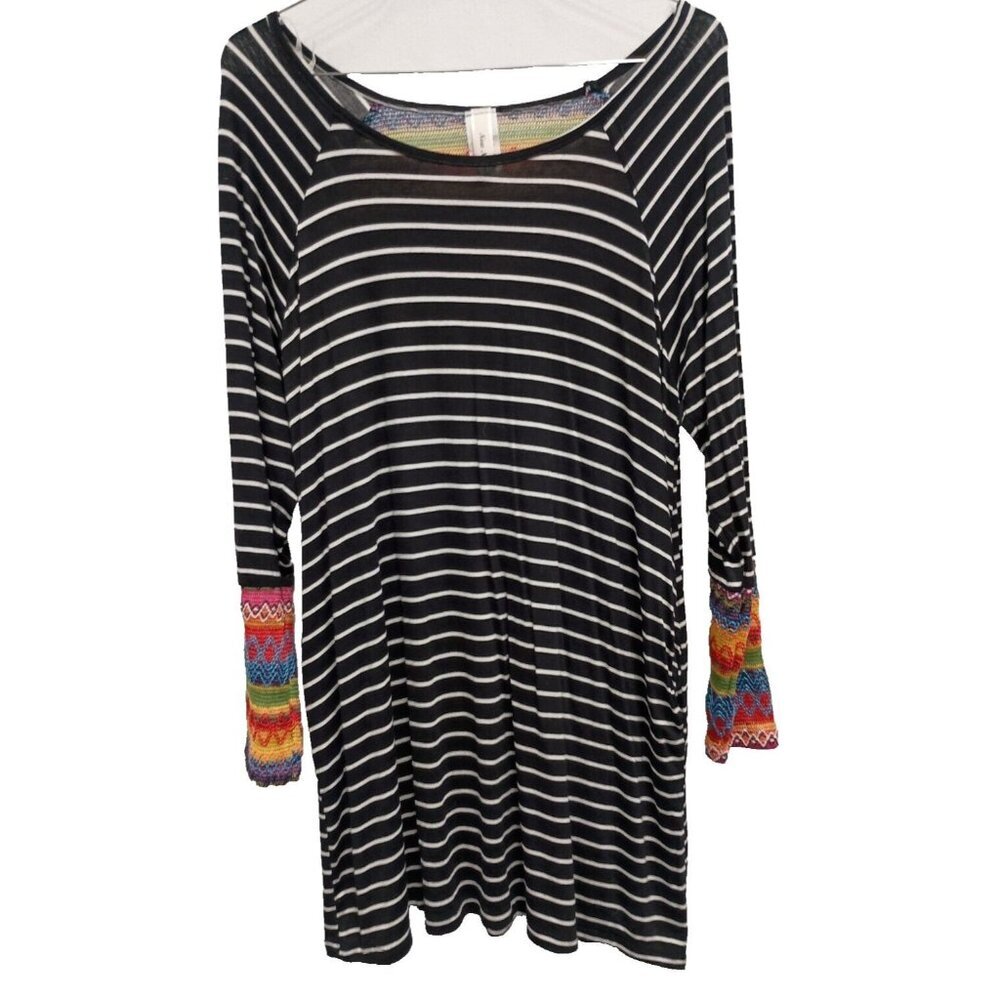 Now‎ N Forever Womens BOHO Tunic Top Large Black Multi Embroidered Contrast Cuff